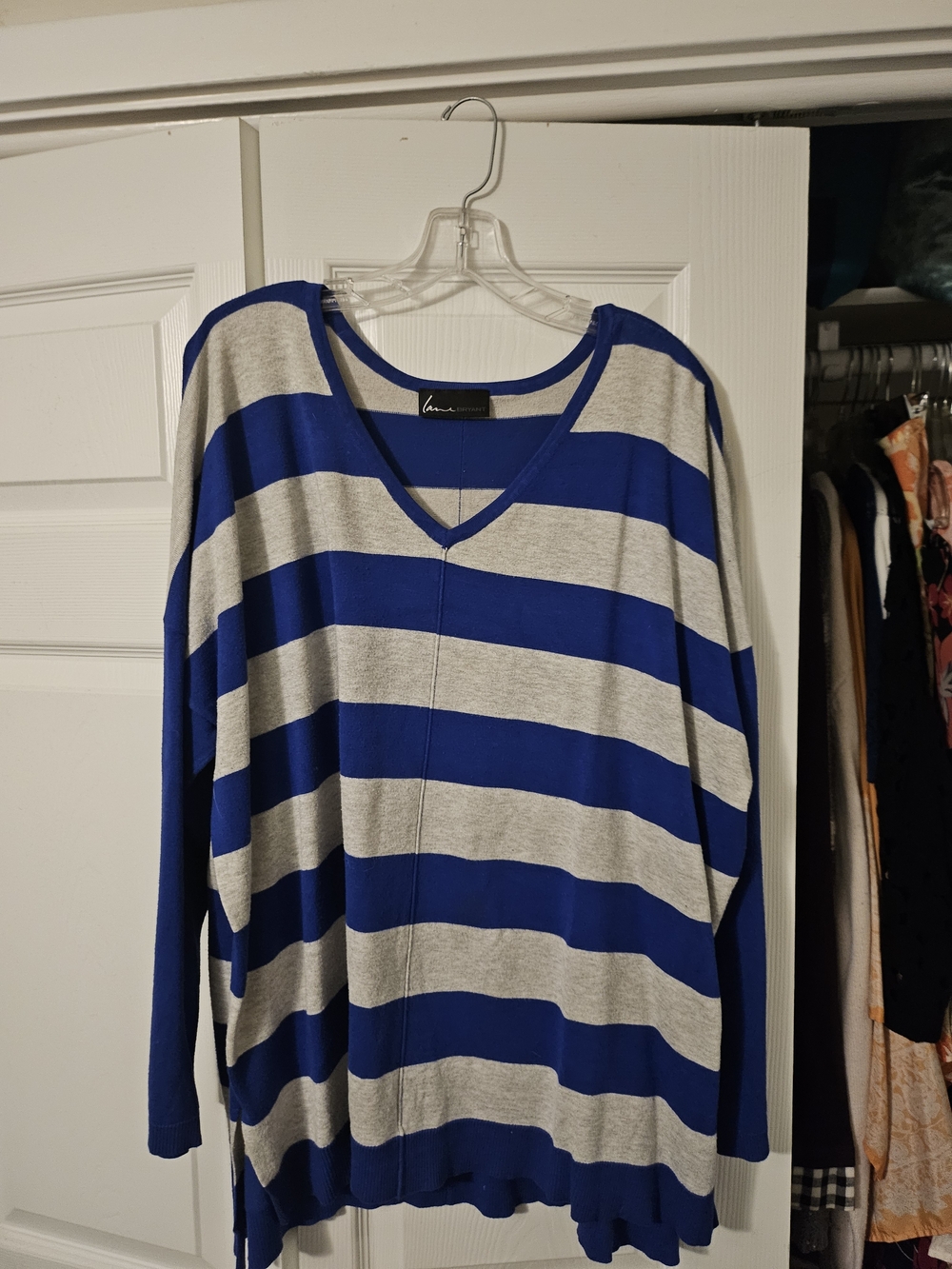 Lane Bryant Royal Blue and Light Gray Striped V-Neck Sweater